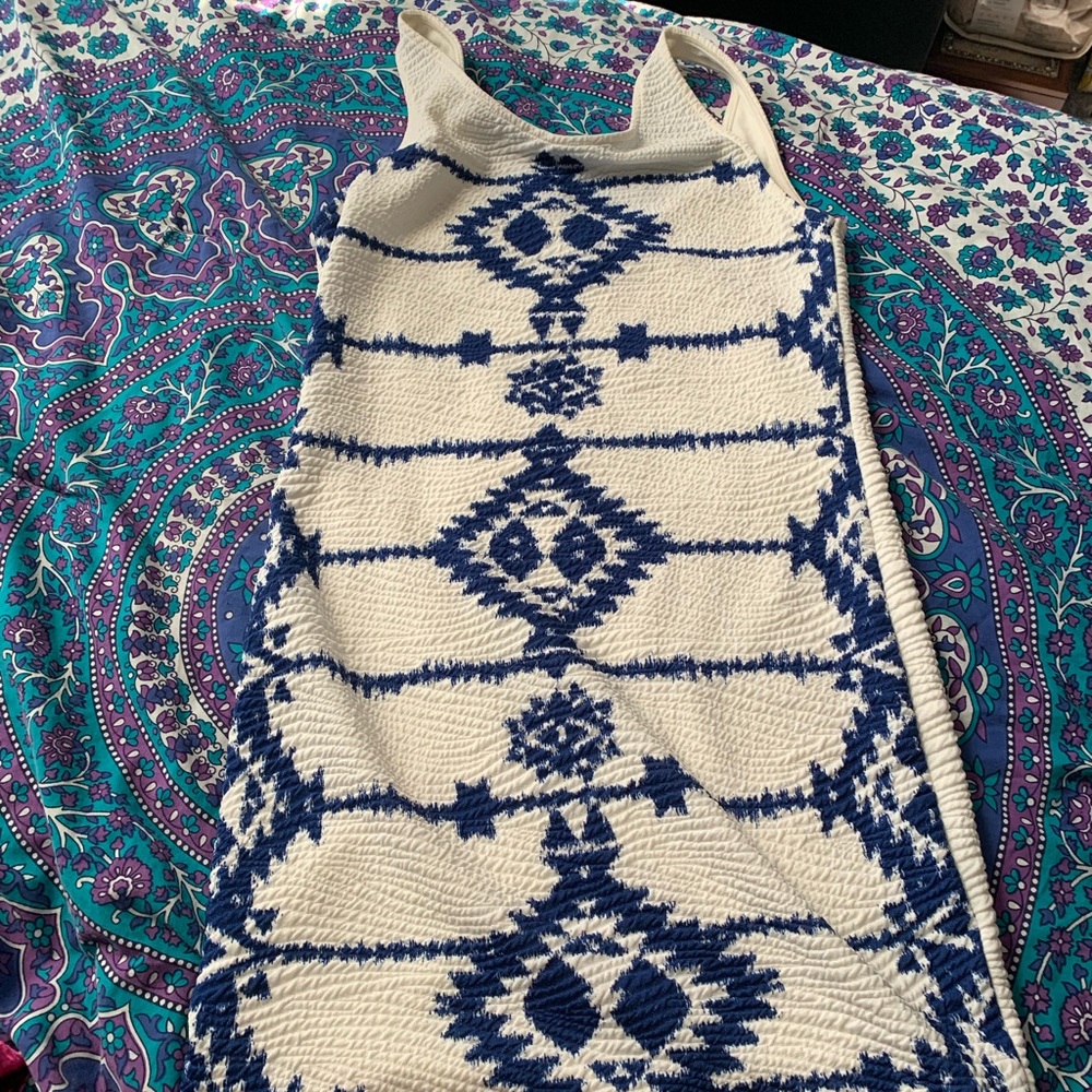 white dress with blue print tight mini dress